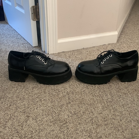 Vtg Unif black leather mega platform Oxford boho chunky heel loafer shoes sz 11 - Picture 3 of 8